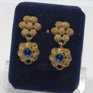 Vintage jewel inlaid earrings delicate gold and blue gemstone royal style